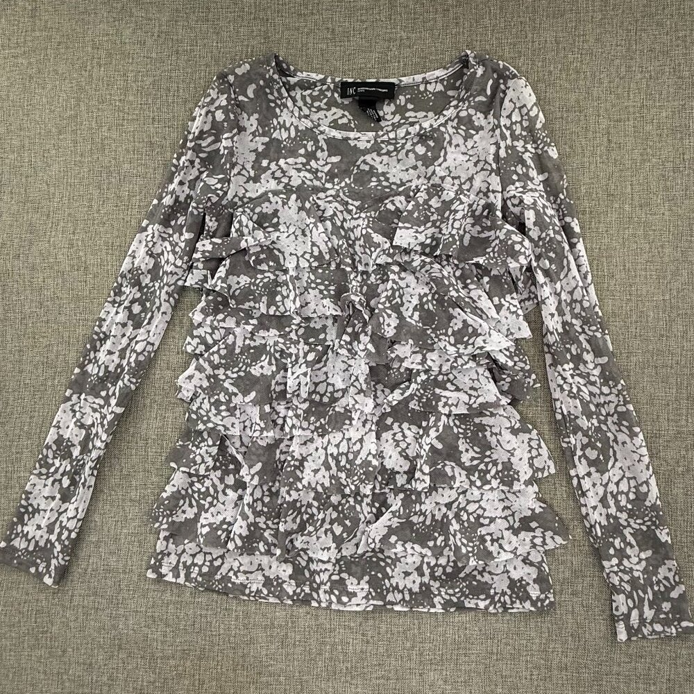 INC International Concepts Mesh Top Size P Semi Sheer Long Sleeve Tiered Ruffled